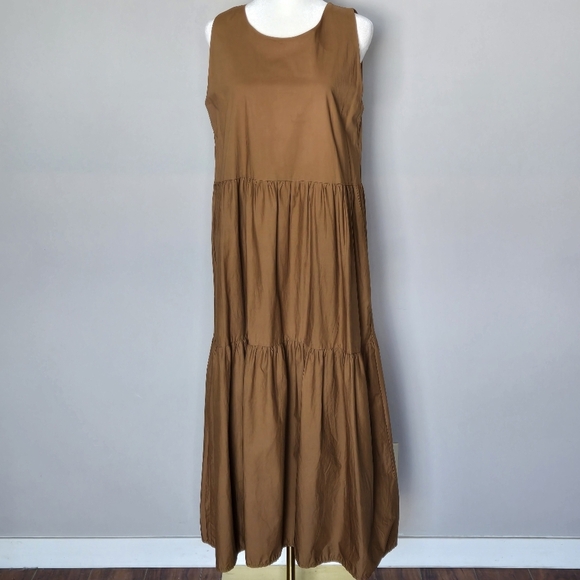 Margot Paris Tiered Sleeveless Midi Dress Brown Poplin Cotton Pockets Italy - Picture 2 of 15